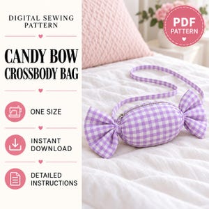 Può includere: Un cartamodello digitale per una borsa a tracolla a forma di caramella. L'immagine mostra una borsa in tessuto vichy viola e bianco con chiusura a zip e tracolla lunga. Il testo include Digital Sewing Pattern, Candy Bow Crossbody Bag, One Size, Instant Download e Detailed Instructions.