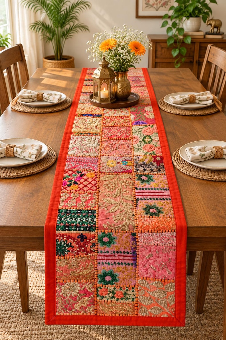 Handmade patchwork table runner featuring colorful embroidered and beaded Indian fabric pieces, intricate floral and paisley patterns, vibrant textile details, and a decorative border.