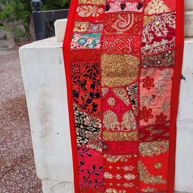patchwork runner, table runner, embroidered runner, beaded runner, Indian textile, fabric runner, boho table decor, colorful runner, handmade decor, dining table, textile art, boho home, table decoration