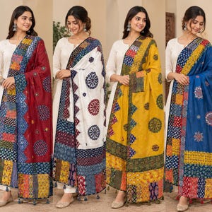 Handgemaakte Kantha katoenen dupatta, Ajrakh-geïnspireerde patchwork sjaal, Indiase boho omslagdoek, ambachtelijk textiel, kleurrijke etnische stola, cadeau voor haar