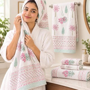 Juego de toallas de algodón estampadas hechas a mano, toallas de baño con estampado indio, juego de toallas de mano florales, toallas suaves para cocina y baño, juego de regalo.