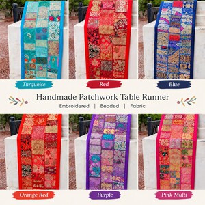 Handmade patchwork table runner featuring colorful embroidered and beaded Indian fabric pieces, intricate floral and paisley patterns, vibrant textile details, and a decorative border.