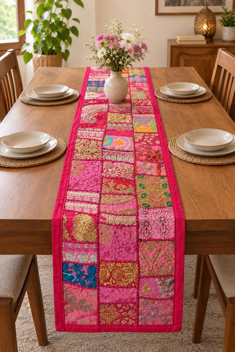 Handmade patchwork table runner featuring colorful embroidered and beaded Indian fabric pieces, intricate floral and paisley patterns, vibrant textile details, and a decorative border.