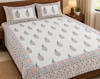 Block Printed Cotton Bedspread, Printed Bedsheet, Handmade Bedding, Floral Border Bed Cover, King Size Bed Sheet, Personalized Gifts