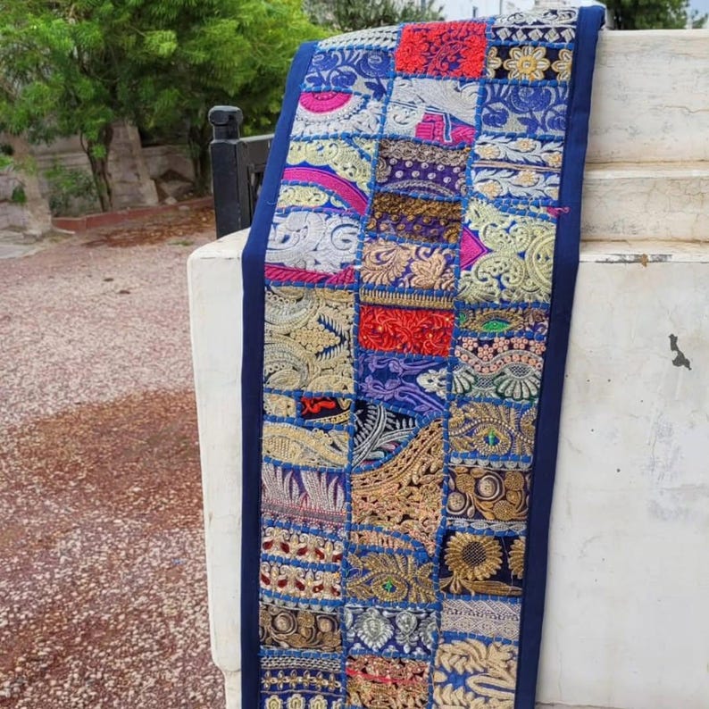 patchwork runner, table runner, embroidered runner, beaded runner, Indian textile, fabric runner, boho table decor, colorful runner, handmade decor, dining table, textile art, boho home, table decoration