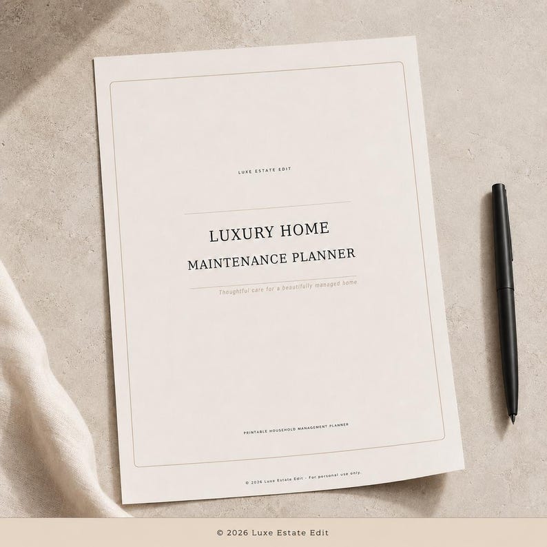 以下が含まれることがあります： LUXE ESTATE EDIT、LUXURY HOME MAINTENANCE PLANNER、Thoughtful care for a beautifully managed home、PRINTABLE HOUSEHOLD MANAGEMENT PLANNER、2026 Luxe Estate Editと書かれた黒い文字の白い長方形のプランナーカバー。黒いペン。