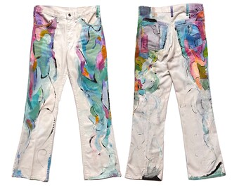 Custom 1970’s Hand Painted by Sydney Levi’s Bell Bottom Pants Sz 31 W +2022 Artist Series+