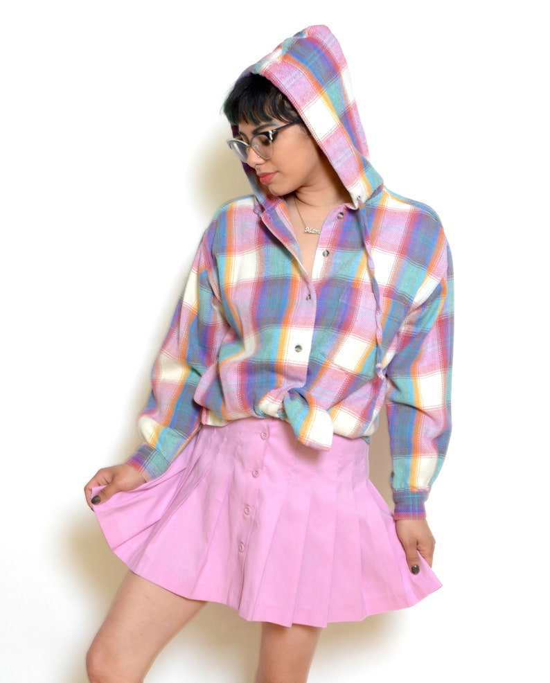 Vintage 90/'s Pastel Plaid Hoodie Top Sz S
