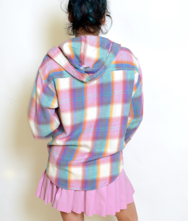 Vintage 90/'s Pastel Plaid Hoodie Top Sz S