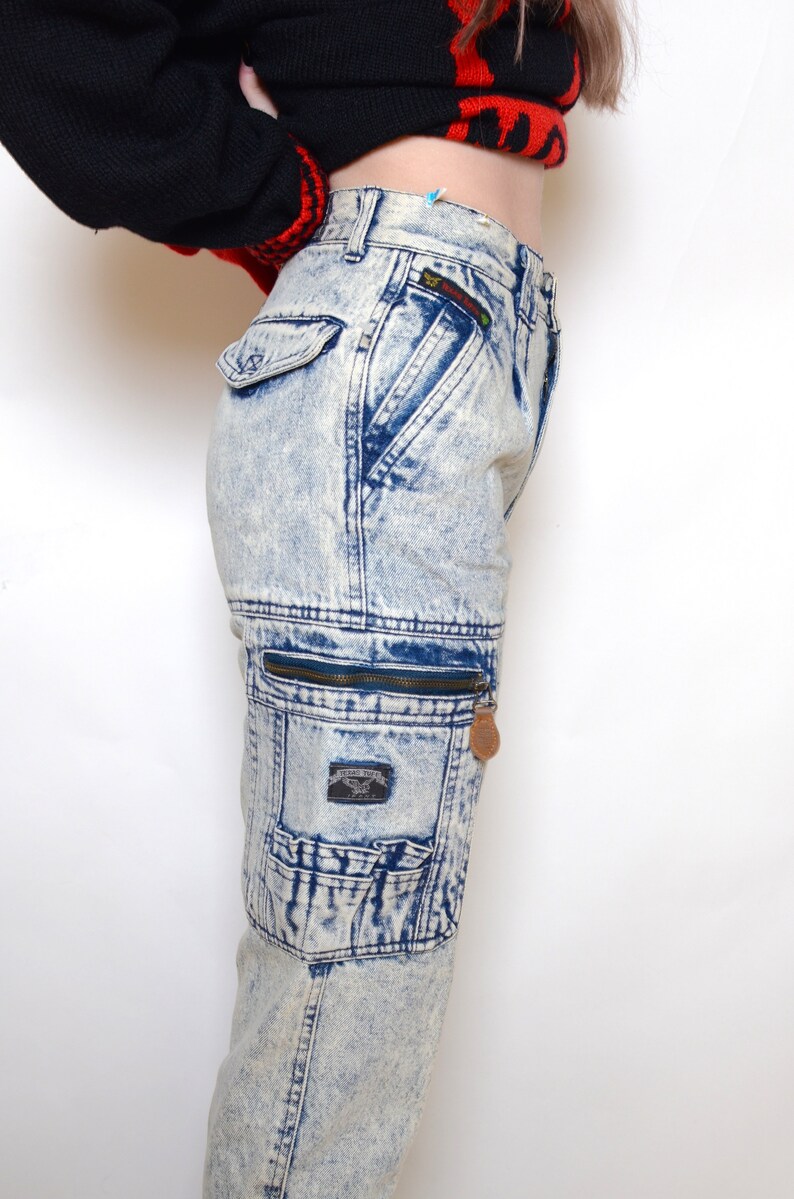 Vintage 90/'s Acid Washed Cargo Style Jeans Sz 25W