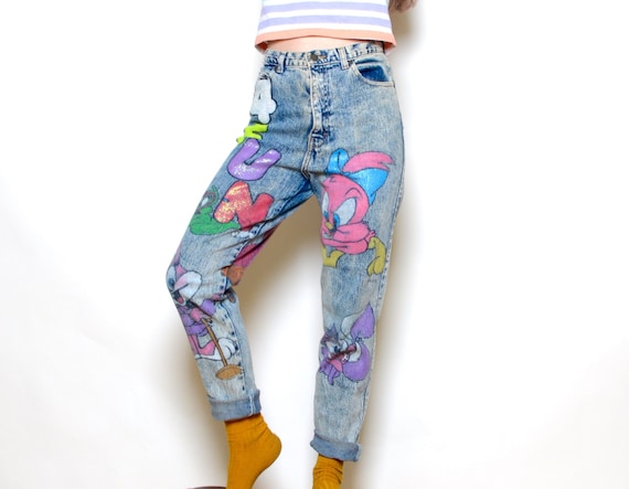 Vintage 90's 4 Fun Painted Denim Cartoon Jeans Sz