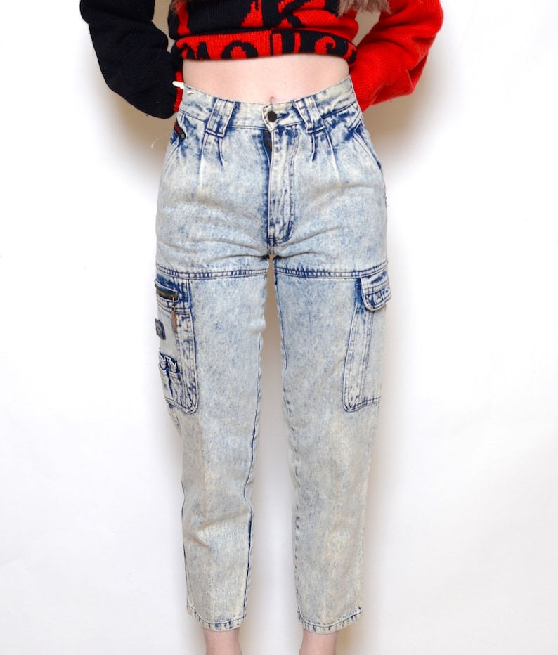 Vintage 90/'s Acid Washed Cargo Style Jeans Sz 25W