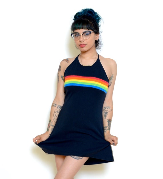 Vintage 90's Rainbow Stripe Halter Mini Dress Sz M