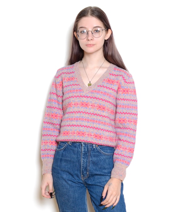 Vintage 70's Pink Tribal Print Knit Wool Sweater S