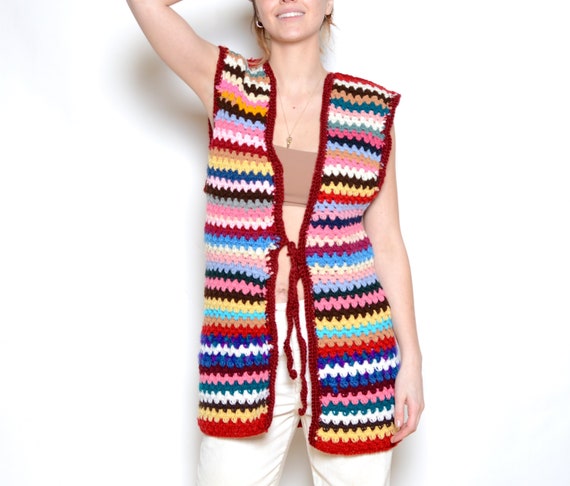 Vintage 70's Rainbow Crochet Vest Sz M