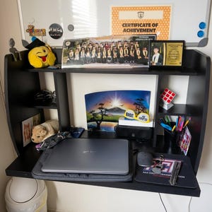 Wall Mounted Folding Desk with Storage, Space Saving Murphy Desk, Floating Home Office Desk, Fold Down Computer Workstation