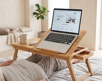 Wood Lap Desk, Foldable Laptop Stand, Breakfast Serving Tray, Laptop Bed Tray, Adjustable Legs Laptop Table, Portable Storage Drawers Desk