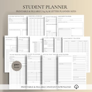 May include: A collection of printable and fillable student planner pages in white with black text. The sheets include sections for course reflection, semester overview, group projects, assignment planners, exam revision, and goal tracking with 300+ pages.