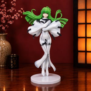 May include: A standing anime-style figurine featuring a character with long, vibrant green hair. The figure wears a form-fitting white bodysuit with wide, flowing sleeves, black strap accents, and a high collar, mounted on a circular white base.