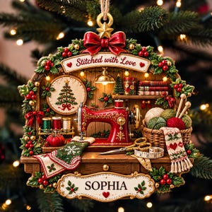 May include: A decorative Christmas ornament featuring a red sewing machine, a wooden shelf with yarn, buttons, and a needlework hoop with a tree design. The ornament includes the text Stitched with Love and the name SOPHIA, adorned with holly and a red bow.
