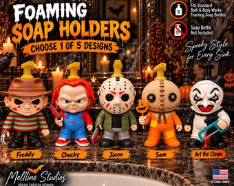 May include: Five horror-themed foaming soap holders featuring stylised figures of Freddy, Chucky, Jason, Sam, and Art the Clown. Each figure has a yellow or black pump mechanism on top. Text includes FOAMING SOAP HOLDERS and CHOOSE 1 OF 5 DESIGNS.