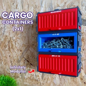 May include: Three stacked modular storage bins designed like cargo containers. The top and bottom bins are red with labels reading WASHERS and M6 X 12. The middle blue bin is open, filled with metal screws, and labeled 4 X 40. Text reads CARGO CONTAINERS (2x1) and Infinitely Modular.