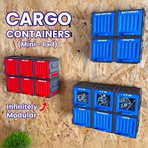 May include: Modular storage units labeled CARGO CONTAINERS (Mini - 1x1) and Infinitely Modular. The set includes red and blue plastic drawers with labels like USB DRIVES, BATTERIES, HOOKS, CRAFTS, 4 X 30, 4 X 35, 4 X 40, CLIPS, WASHERS, CAPS, M5 X 12, M6 X 12, AUDIO, RINGS, and NOZZLES.