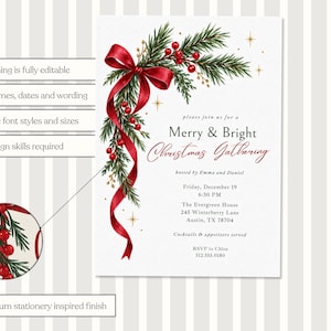 K&ouml;nnte beinhalten: Eine wei&szlig;e Einladungskarte mit einer Aquarellillustration aus gr&uuml;nen Tannenzweigen, roten Beeren und einer roten Schleife. Der Text lautet Merry & Bright Christmas Gathering, mit Veranstaltungsdetails und einer kreisf&ouml;rmigen Detailansicht.