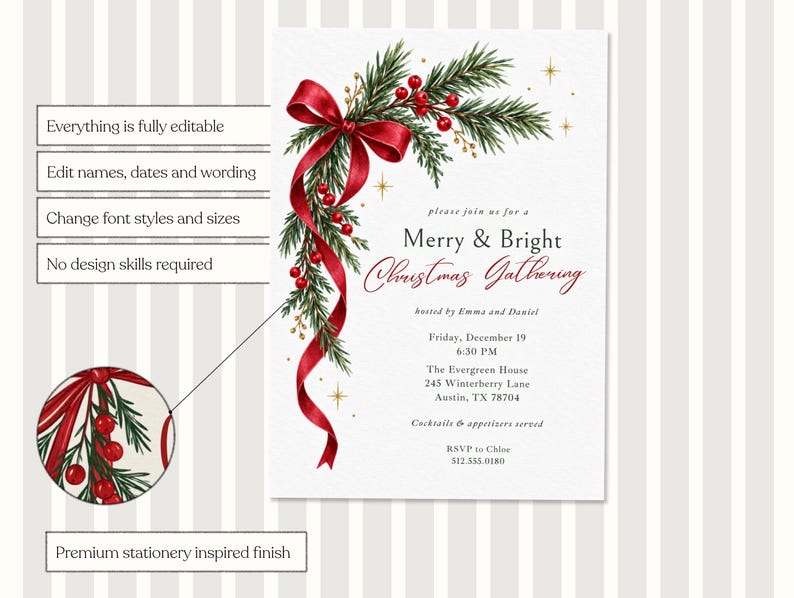 K&ouml;nnte beinhalten: Eine wei&szlig;e Einladungskarte mit einer Aquarellillustration aus gr&uuml;nen Tannenzweigen, roten Beeren und einer roten Schleife. Der Text lautet Merry & Bright Christmas Gathering, mit Veranstaltungsdetails und einer kreisf&ouml;rmigen Detailansicht.