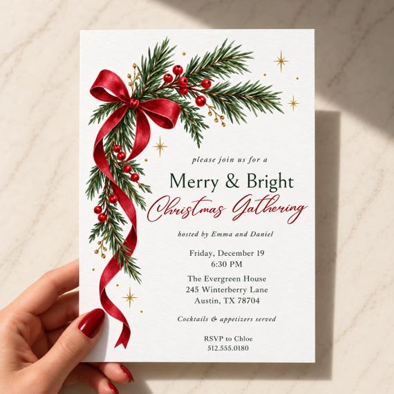 Christmas Party Invitation | Holiday Party Invite | Editable Canva Template | Elegant Festive Christmas Dinner Party | 5x7 Digital Download