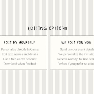 K&ouml;nnte beinhalten: Eine grafische Darstellung mit dem Titel EDITING OPTIONS, die zwei wei&szlig;e rechteckige K&auml;sten zeigt. Der linke Kasten, EDIT BY YOURSELF, listet auf: Personalize directly in Canva, Edit text, names and details, Use a free Canva account, Download when finished. Der rechte Kasten, WE EDIT FOR YOU, listet auf: Send us your event details, We personalize the invitation, Receive a ready-to-use design, Perfect if you prefer no editing.