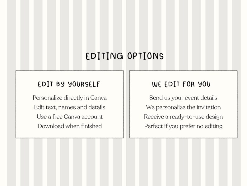 K&ouml;nnte beinhalten: Eine grafische Darstellung mit dem Titel EDITING OPTIONS, die zwei wei&szlig;e rechteckige K&auml;sten zeigt. Der linke Kasten, EDIT BY YOURSELF, listet auf: Personalize directly in Canva, Edit text, names and details, Use a free Canva account, Download when finished. Der rechte Kasten, WE EDIT FOR YOU, listet auf: Send us your event details, We personalize the invitation, Receive a ready-to-use design, Perfect if you prefer no editing.