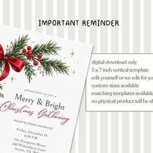 K&ouml;nnte beinhalten: Eine vertikale 12,7 x 17,8 cm gro&szlig;e digitale Einladungsvorlage mit Aquarellillustration von Tannenzweigen, roten Beeren und einer roten Schleife. Text: IMPORTANT REMINDER, Merry & Bright Christmas Gathering, hosted by Emma and Daniel, Friday, December 19, 6:30 PM, The Evergreen House, 245 Winterberry Lane, Austin, TX 78701, digital download only, edit yourself or we edit for you, custom sizes available, matching templates available, no physical product will be shipped.