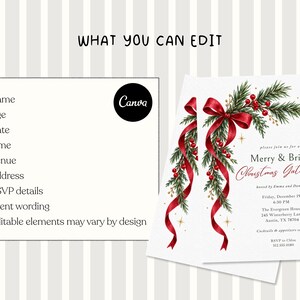 K&ouml;nnte beinhalten: Eine wei&szlig;e Einladungskarte mit einer Aquarellillustration aus gr&uuml;nen Tannenzweigen, roten Beeren und einer roten Schleife. Der Text lautet Merry & Bright Christmas Gathering, veranstaltet von Emma und Daniel, inklusive Datum, Uhrzeit und Adresse.