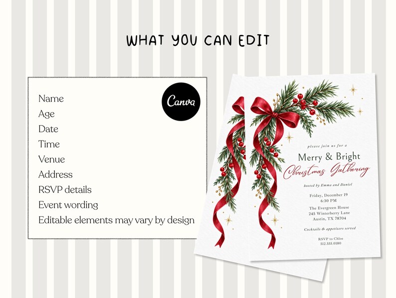 K&ouml;nnte beinhalten: Eine wei&szlig;e Einladungskarte mit einer Aquarellillustration aus gr&uuml;nen Tannenzweigen, roten Beeren und einer roten Schleife. Der Text lautet Merry & Bright Christmas Gathering, veranstaltet von Emma und Daniel, inklusive Datum, Uhrzeit und Adresse.
