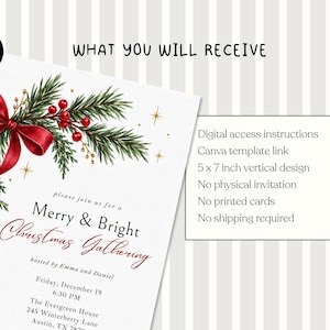 K&ouml;nnte beinhalten: Eine vertikale digitale Einladungsvorlage im Format 12,7 x 17,8 cm mit einer Aquarellillustration von Tannenzweigen, roten Beeren und einem roten Band. Der Text lautet: WHAT YOU WILL RECEIVE, Merry & Bright Christmas Gathering und Veranstaltungsdetails.
