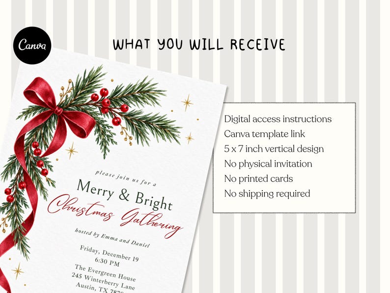 K&ouml;nnte beinhalten: Eine vertikale digitale Einladungsvorlage im Format 12,7 x 17,8 cm mit einer Aquarellillustration von Tannenzweigen, roten Beeren und einem roten Band. Der Text lautet: WHAT YOU WILL RECEIVE, Merry & Bright Christmas Gathering und Veranstaltungsdetails.