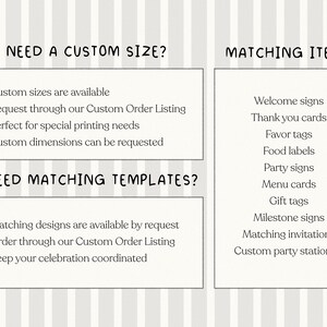 K&ouml;nnte beinhalten: Eine informative Grafik auf hellgrau gestreiftem Hintergrund mit schwarzem Text. Die linke Seite enth&auml;lt Abschnitte mit den Titeln NEED A CUSTOM SIZE? und NEED MATCHING TEMPLATES? mit beschreibendem Text. Rechts sind MATCHING ITEMS aufgelistet.