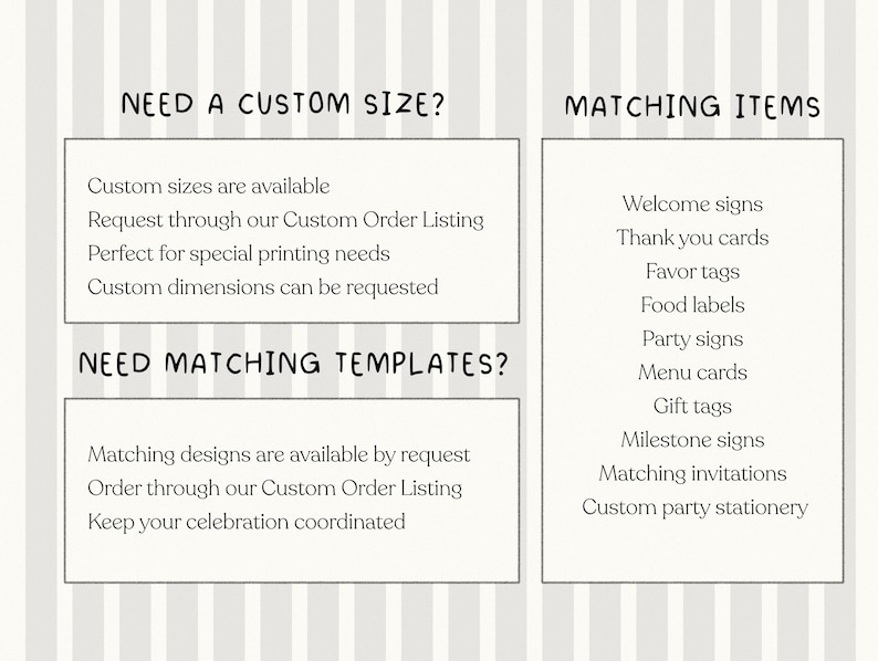 K&ouml;nnte beinhalten: Eine informative Grafik auf hellgrau gestreiftem Hintergrund mit schwarzem Text. Die linke Seite enth&auml;lt Abschnitte mit den Titeln NEED A CUSTOM SIZE? und NEED MATCHING TEMPLATES? mit beschreibendem Text. Rechts sind MATCHING ITEMS aufgelistet.