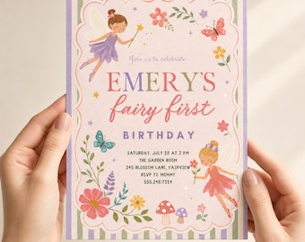 Einladung zum ersten Geburtstag mit Feenmotiv | Einladung zum ersten Geburtstag mit Feenmotiv | Zauberhafte Gartenparty | Canva-Einladungsvorlage | Mädchen wird ein Jahr alt