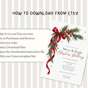 K&ouml;nnte beinhalten: Eine digitale Anleitung mit dem Titel HOW TO DOWNLOAD FROM ETSY mit Schritten zum Zugriff auf Dateien, neben einer Weihnachtseinladungsvorlage mit gr&uuml;nen Tannenzweigen, roten Beeren, einem roten Band und dem Text Merry & Bright Christmas Gathering.