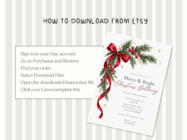 K&ouml;nnte beinhalten: Eine digitale Anleitung mit dem Titel HOW TO DOWNLOAD FROM ETSY mit Schritten zum Zugriff auf Dateien, neben einer Weihnachtseinladungsvorlage mit gr&uuml;nen Tannenzweigen, roten Beeren, einem roten Band und dem Text Merry & Bright Christmas Gathering.