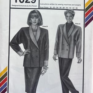 May include: A Stretch & Sew 1029 sewing pattern envelope for shawl collar jackets, designed by Ann Person. The cover features illustrations of two jacket styles, labeled View A and View B, with bust sizes listed from 30 to 46 inches.