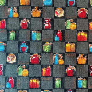 May include: A dark gray fabric featuring a repeating checkerboard pattern. Each square contains a colorful illustration of one or more glass bottles or jars in various shapes, sizes, and hues, including red, blue, yellow, and green.