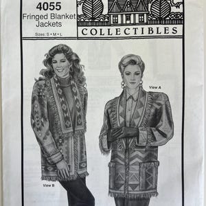 May include: A sewing pattern envelope for Ann Person Collectibles 4055 Fringed Blanket Jackets in sizes S, M, and L. The cover features black and white illustrations of two jacket styles, View A and View B, both showcasing geometric patterns and fringe.