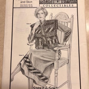 May include: A sewing pattern envelope for Ann Person Collectibles 4066 Patchwork Vest and Skirt. The illustration shows a vest with geometric patchwork and a skirt with a striped hem. Text includes 4066, Patchwork Vest and Skirt, and Stretch & Sew.