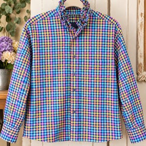 May include: A long-sleeve button-down shirt featuring a vibrant multi-colored plaid pattern in shades of blue, pink, yellow, and orange. The shirt includes a distinctive ruffled collar, a front button placket, and buttoned cuffs.