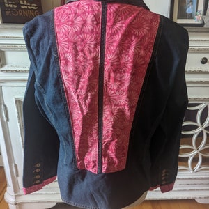 Upcycled Denim Jacket - Ladies Large - Pink Hand-Dyed Batik fabric overlay