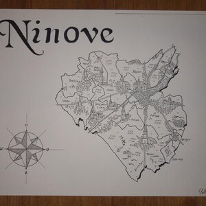 Peut inclure: Un dessin à l'encre noire et blanche sur papier représentant une carte de Ninove avec diverses sections de ville, des illustrations d'églises et des étiquettes manuscrites. Une rose des vents est située dans le coin inférieur gauche.