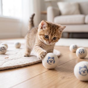 May include: A small brown tabby kitten with pointed ears and large eyes stands on a light-colored floor, reaching out with one paw to touch a round, off-white felt ball featuring a blue line-art illustration of a cat face on its surface.